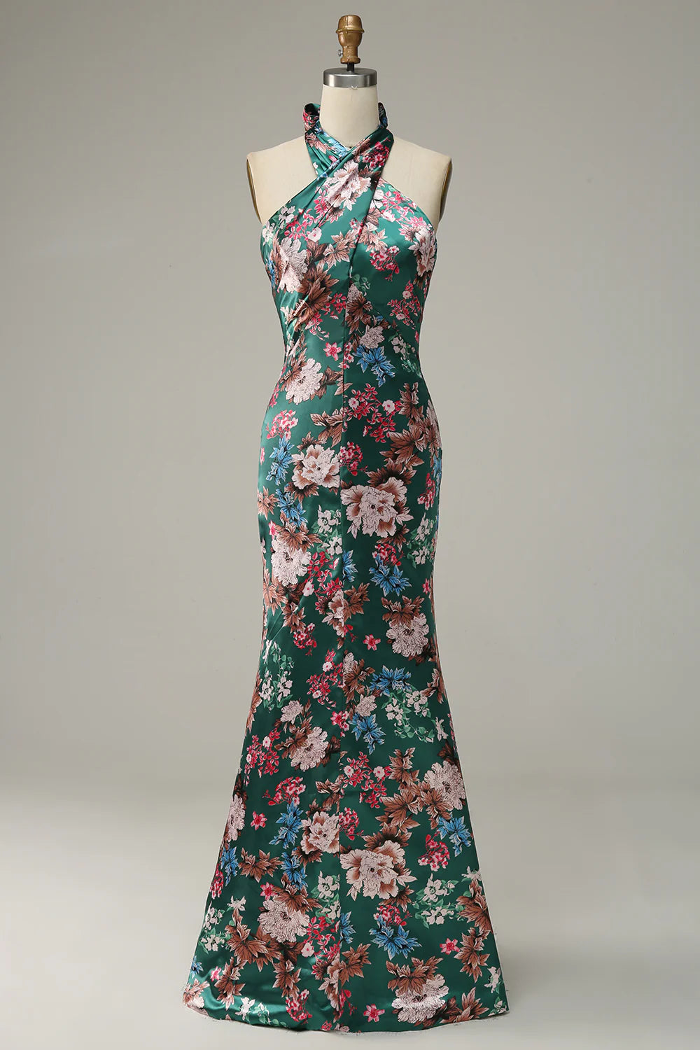 Flower Print Halter Satin Prom Dress