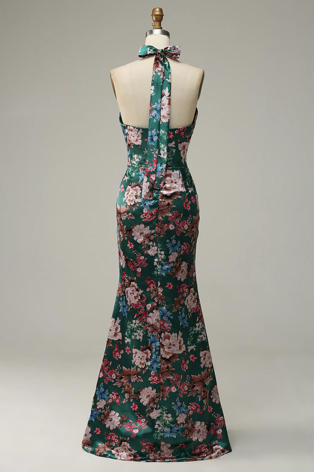 Flower Print Halter Satin Prom Dress