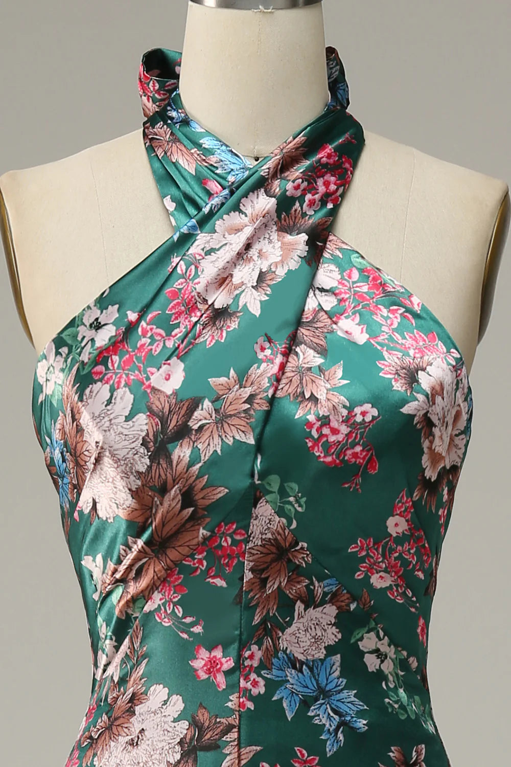 Flower Print Halter Satin Prom Dress