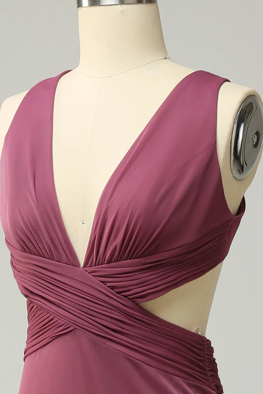 Amzcw Sheath Deep V Neck Desert Rose Long Plus Size Formal Dress with Split Front