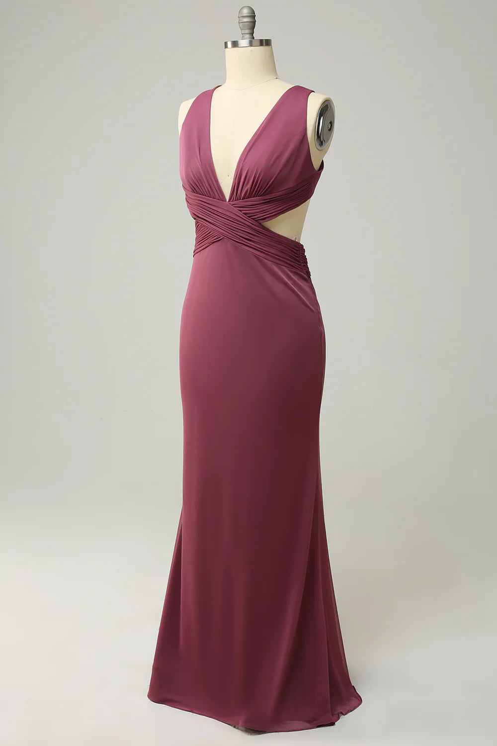 Amzcw Sheath Deep V Neck Desert Rose Long Plus Size Formal Dress with Split Front