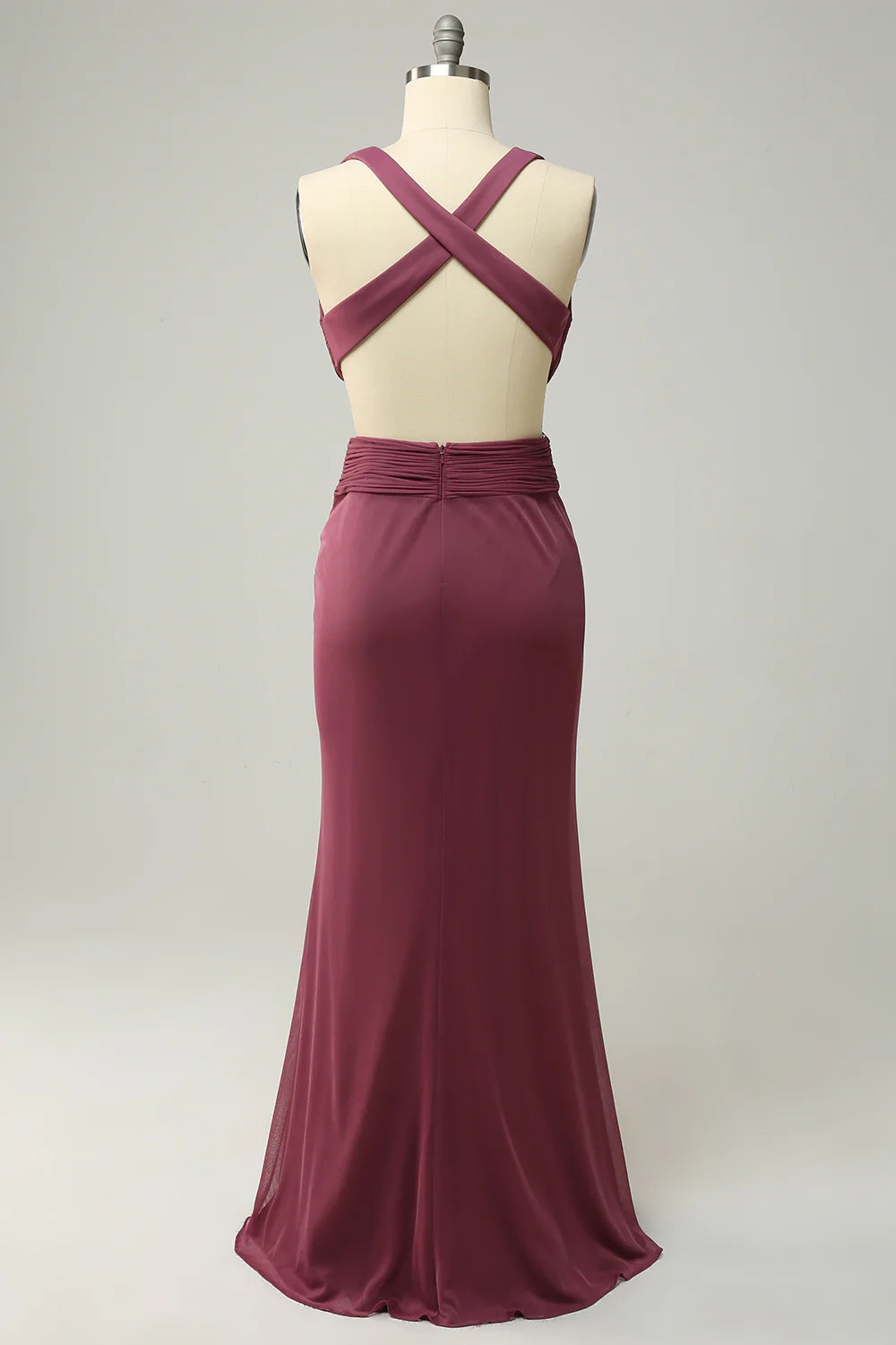 Amzcw Sheath Deep V Neck Desert Rose Long Plus Size Formal Dress with Split Front