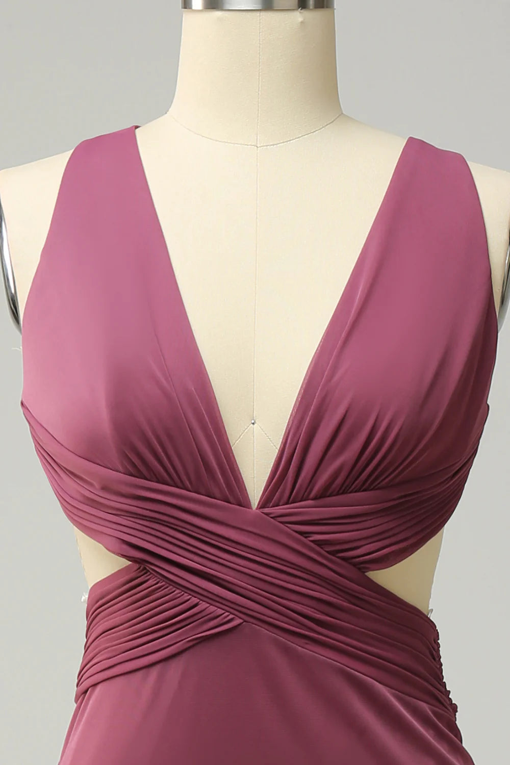 Amzcw Sheath Deep V Neck Desert Rose Long Plus Size Formal Dress with Split Front