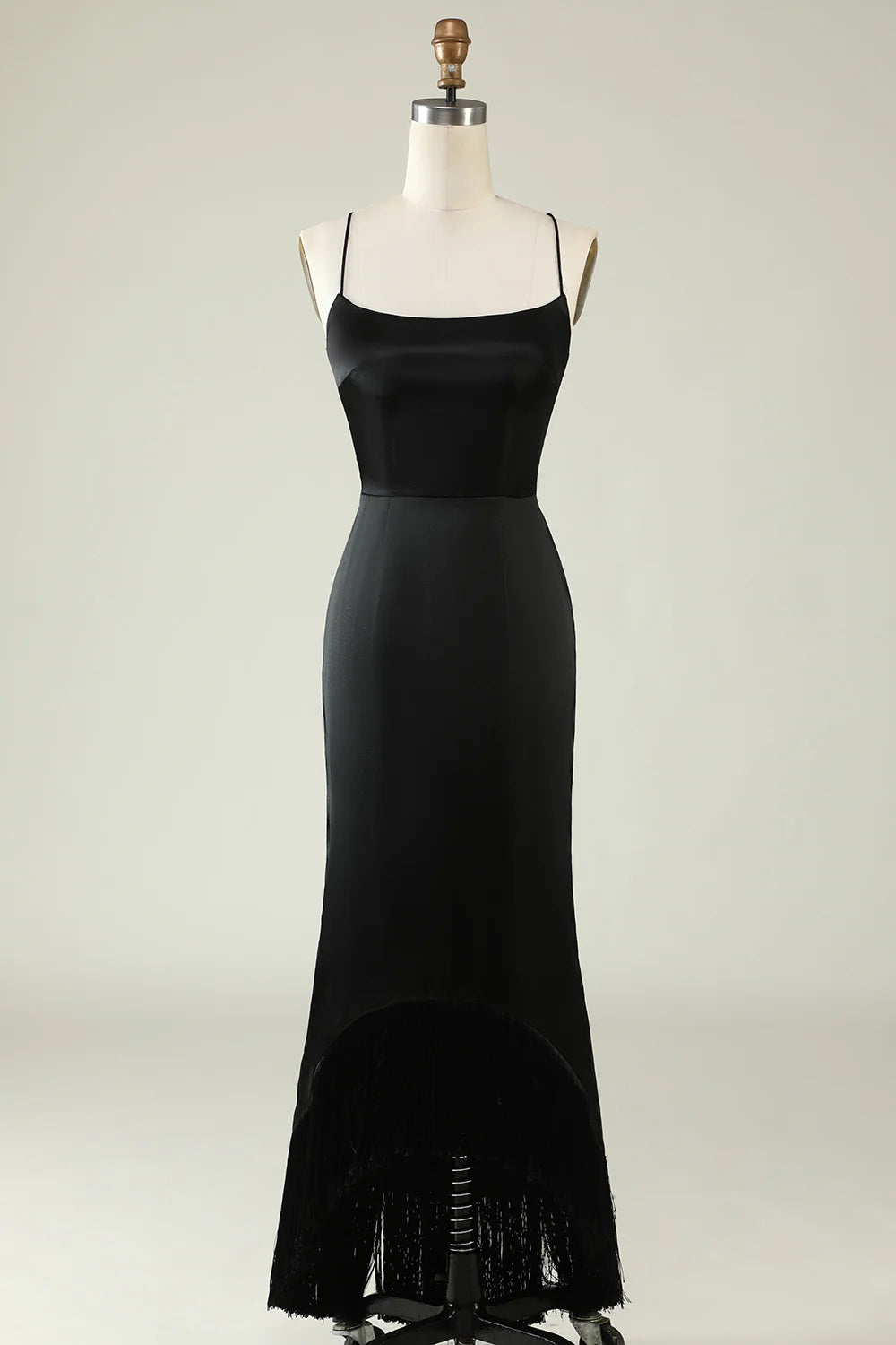 Amzcw Spaghetti Straps Black Satin Prom Dress with Fringes