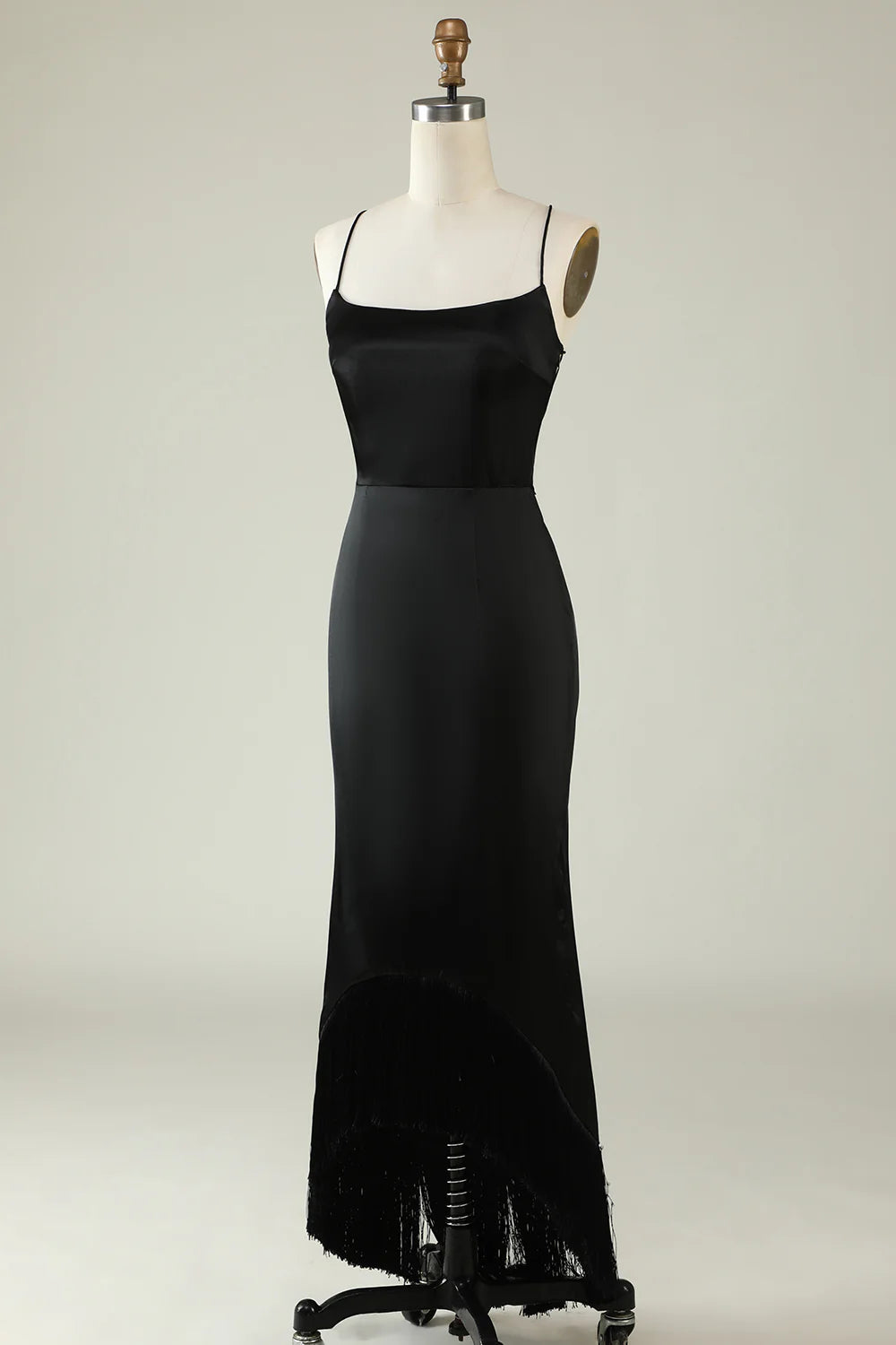Amzcw Spaghetti Straps Black Satin Prom Dress with Fringes