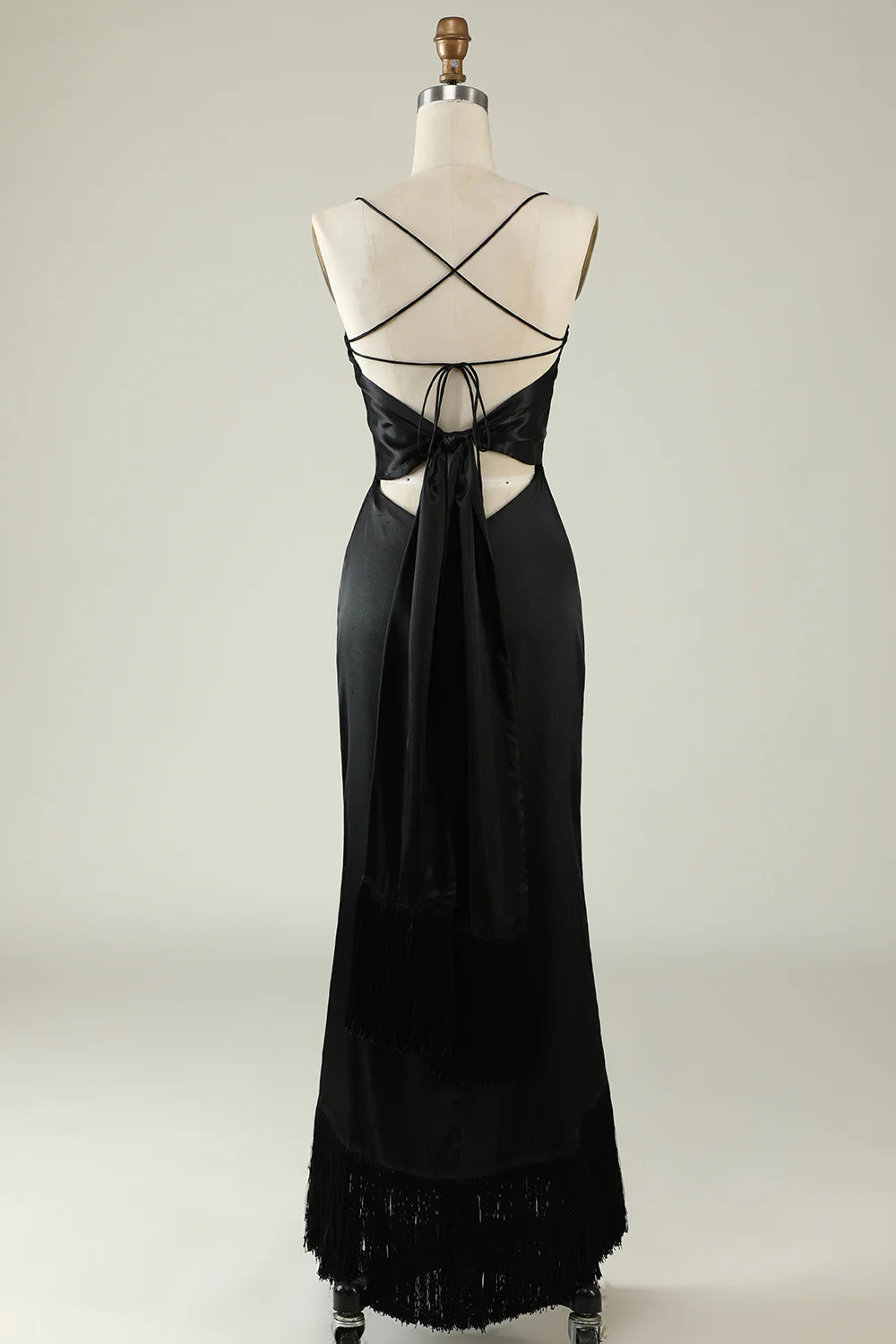 Amzcw Spaghetti Straps Black Satin Prom Dress with Fringes