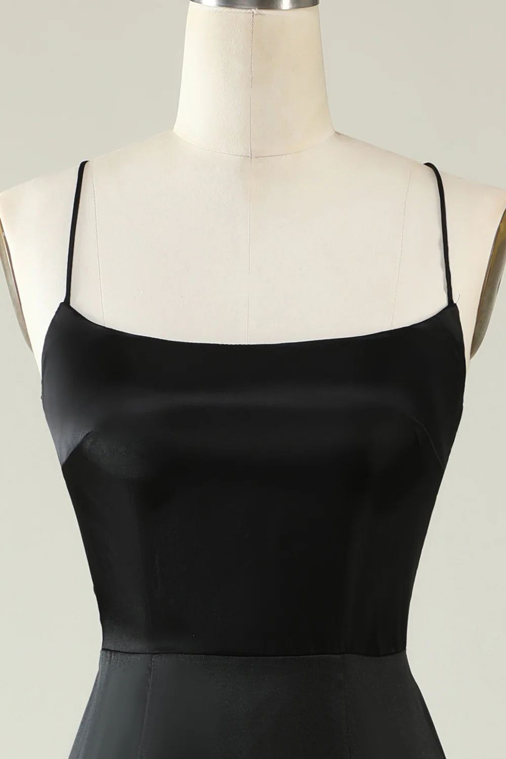 Amzcw Spaghetti Straps Black Satin Prom Dress with Fringes