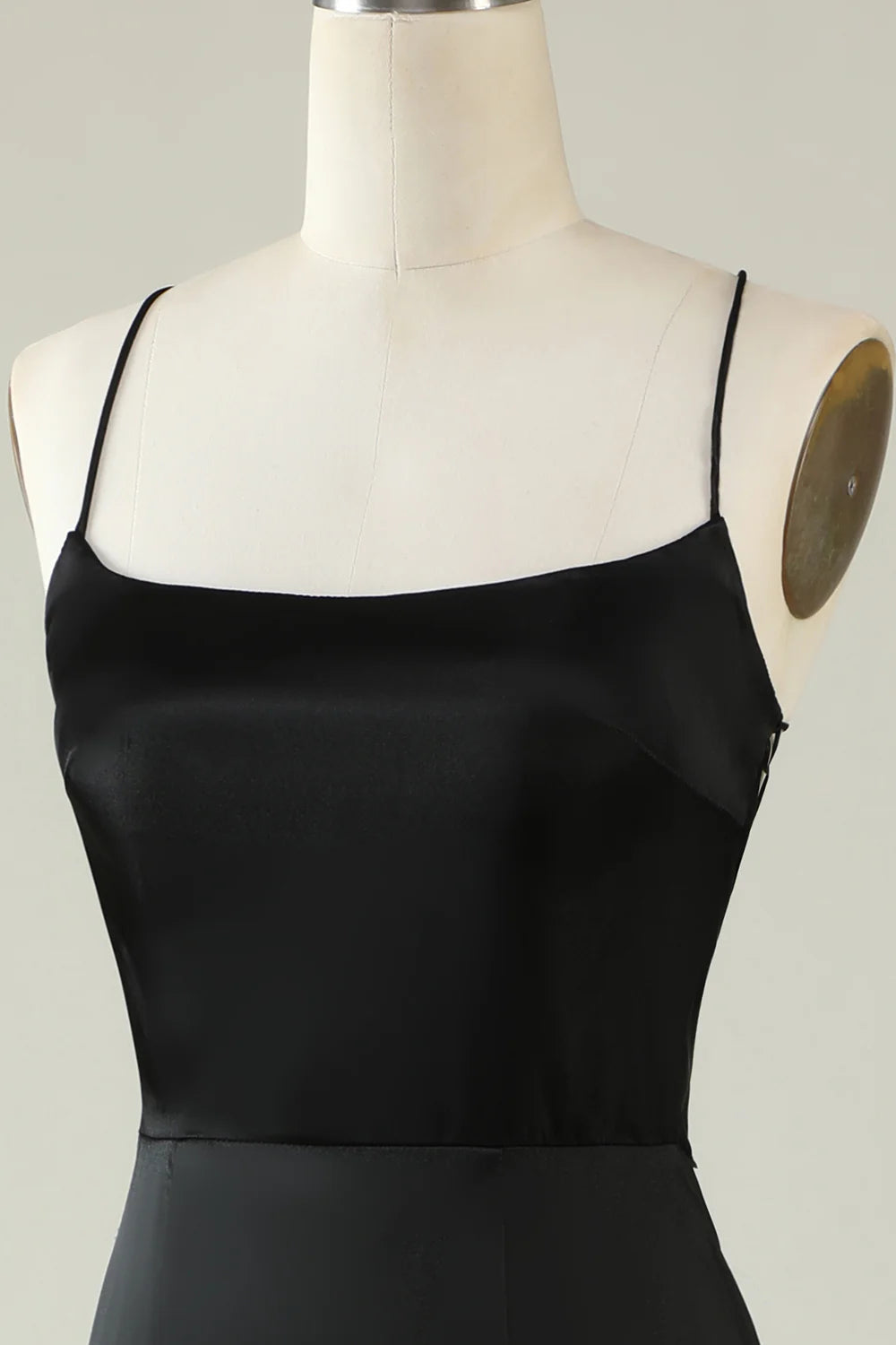 Amzcw Spaghetti Straps Black Satin Prom Dress with Fringes