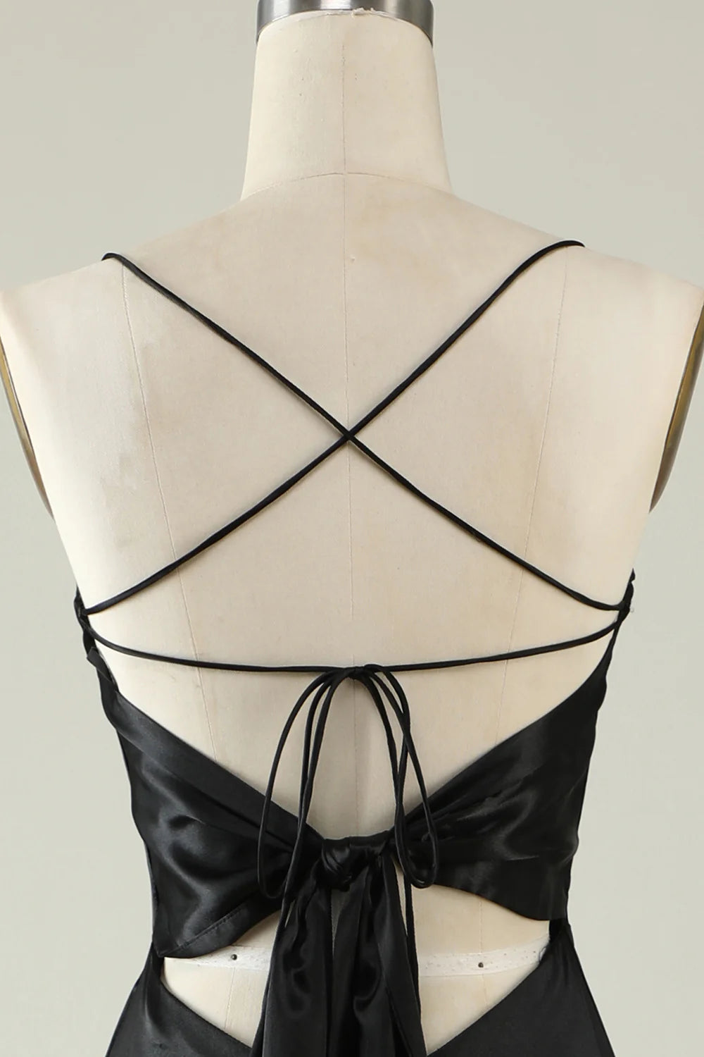 Amzcw Spaghetti Straps Black Satin Prom Dress with Fringes