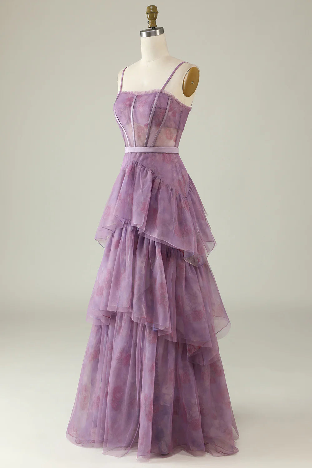 Amzcw Purple Printed A Line Corset Prom Dress