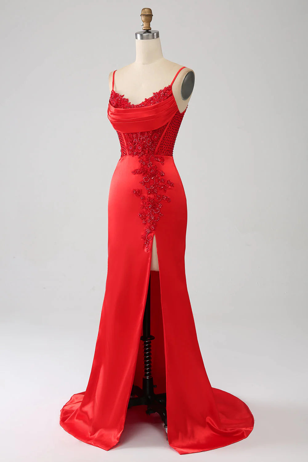 Amzcw Red Mermaid Spaghetti Straps Satin Beaded Prom Dress with Slit prom dresses with long sleeves