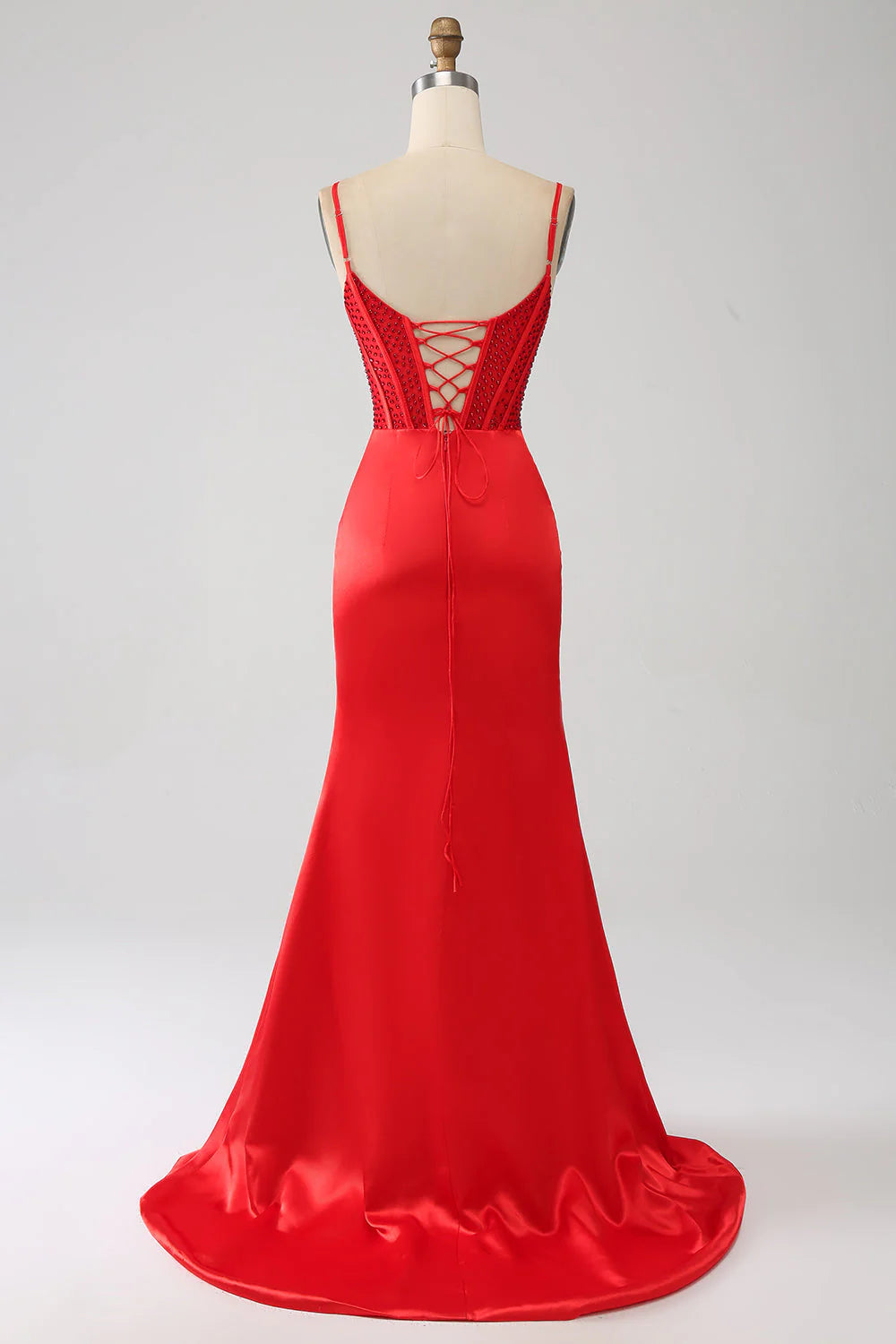 Amzcw Red Mermaid Spaghetti Straps Satin Beaded Prom Dress with Slit prom dresses with long sleeves