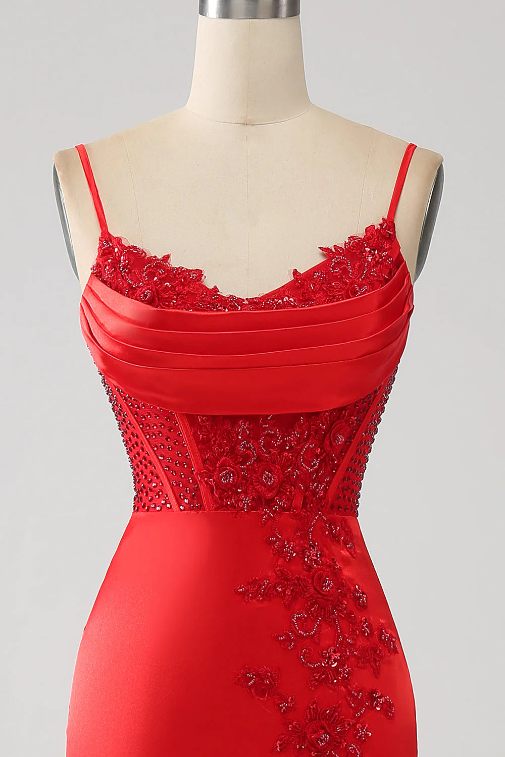 Amzcw Red Mermaid Spaghetti Straps Satin Beaded Prom Dress with Slit prom dresses with long sleeves