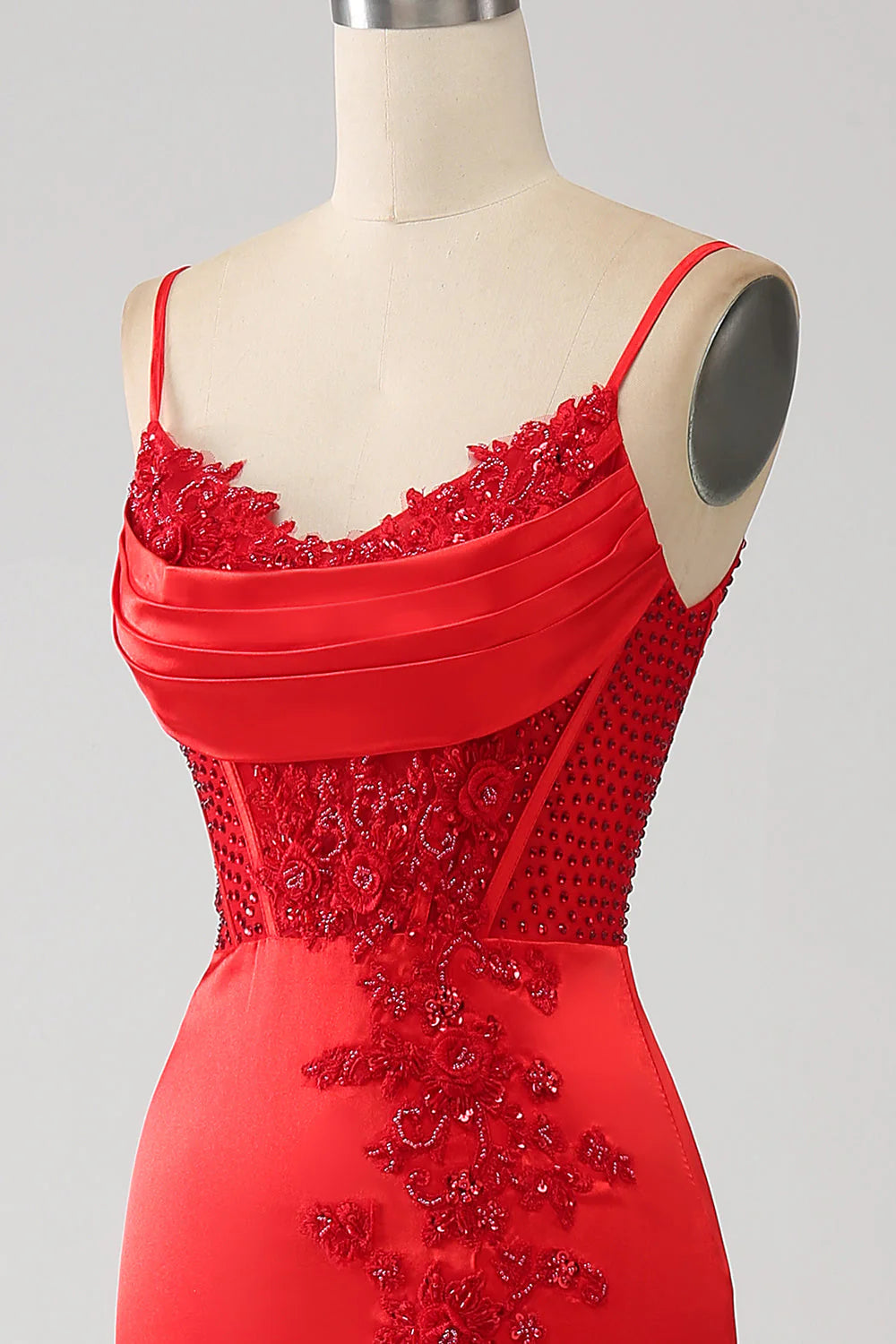 Amzcw Red Mermaid Spaghetti Straps Satin Beaded Prom Dress with Slit prom dresses with long sleeves
