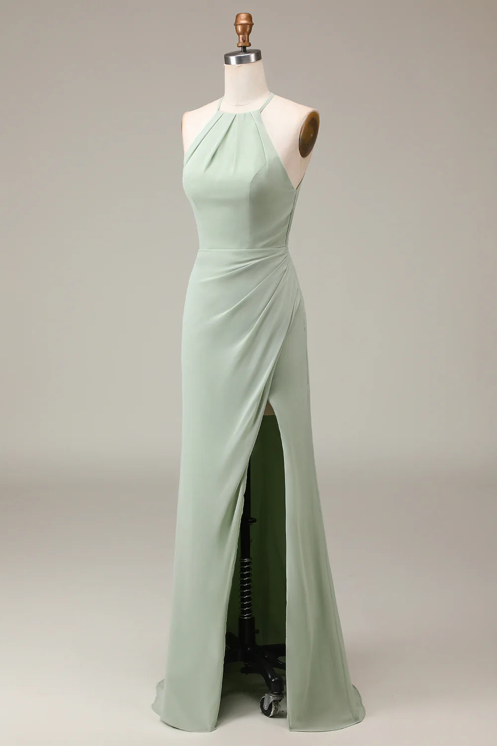 Amzcw Matcha Halter Neck Sheath Pleated Bridesmaid Dress with Slit
