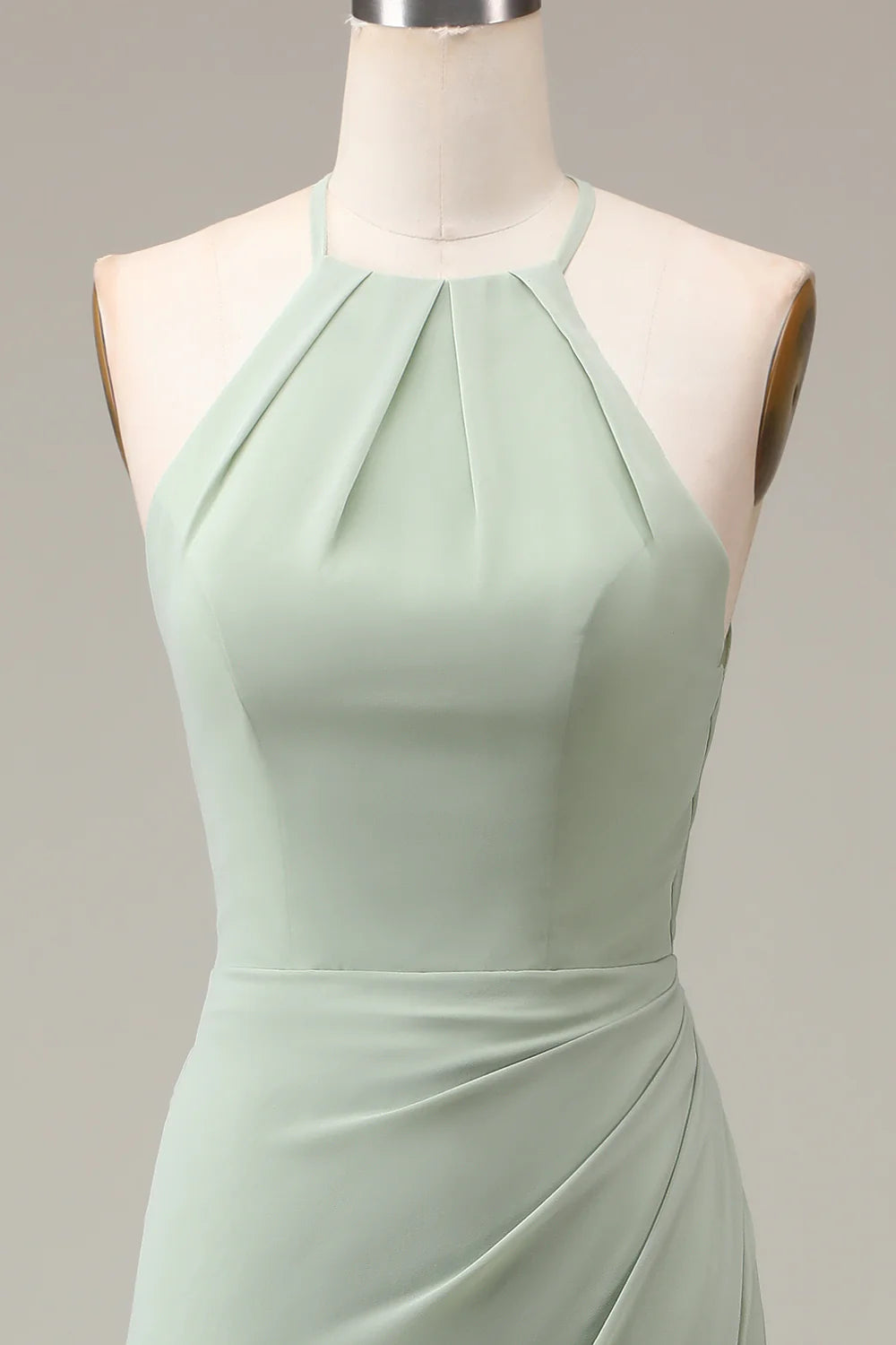 Amzcw Matcha Halter Neck Sheath Pleated Bridesmaid Dress with Slit