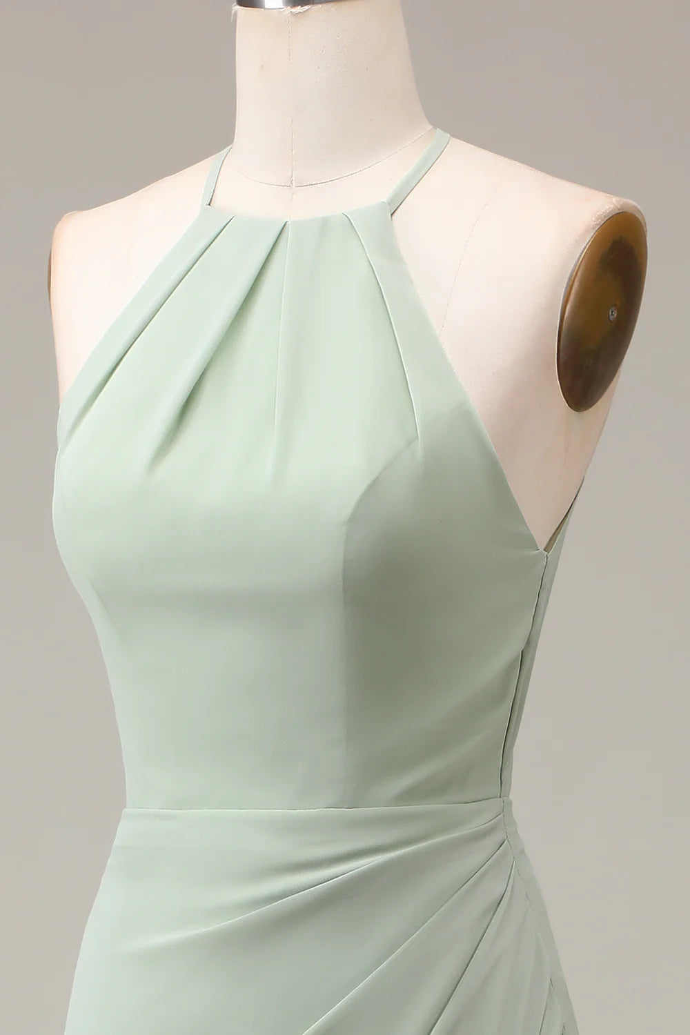 Amzcw Matcha Halter Neck Sheath Pleated Bridesmaid Dress with Slit