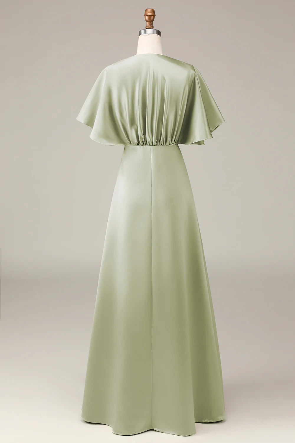 Amzcw Dusty Sage V-neck Short Sleeves A-line Satin Bridesmaid Dress
