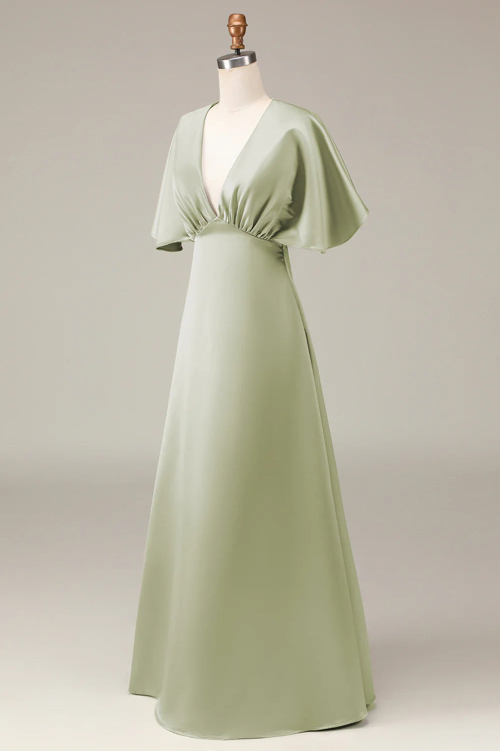 Amzcw Dusty Sage V-neck Short Sleeves A-line Satin Bridesmaid Dress