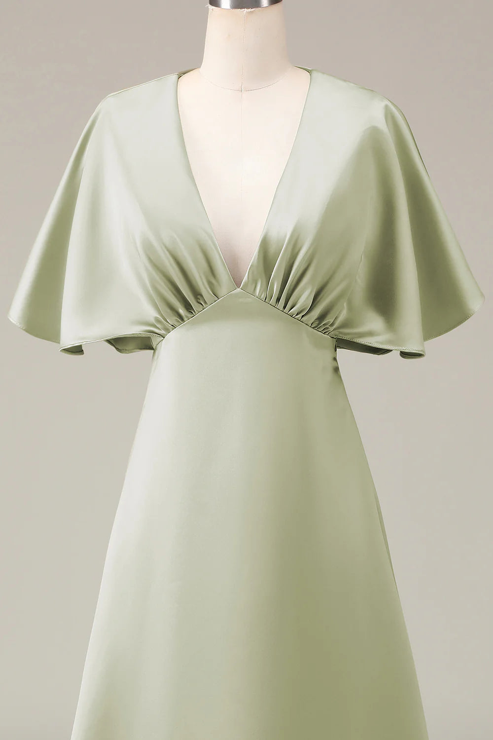 Amzcw Dusty Sage V-neck Short Sleeves A-line Satin Bridesmaid Dress