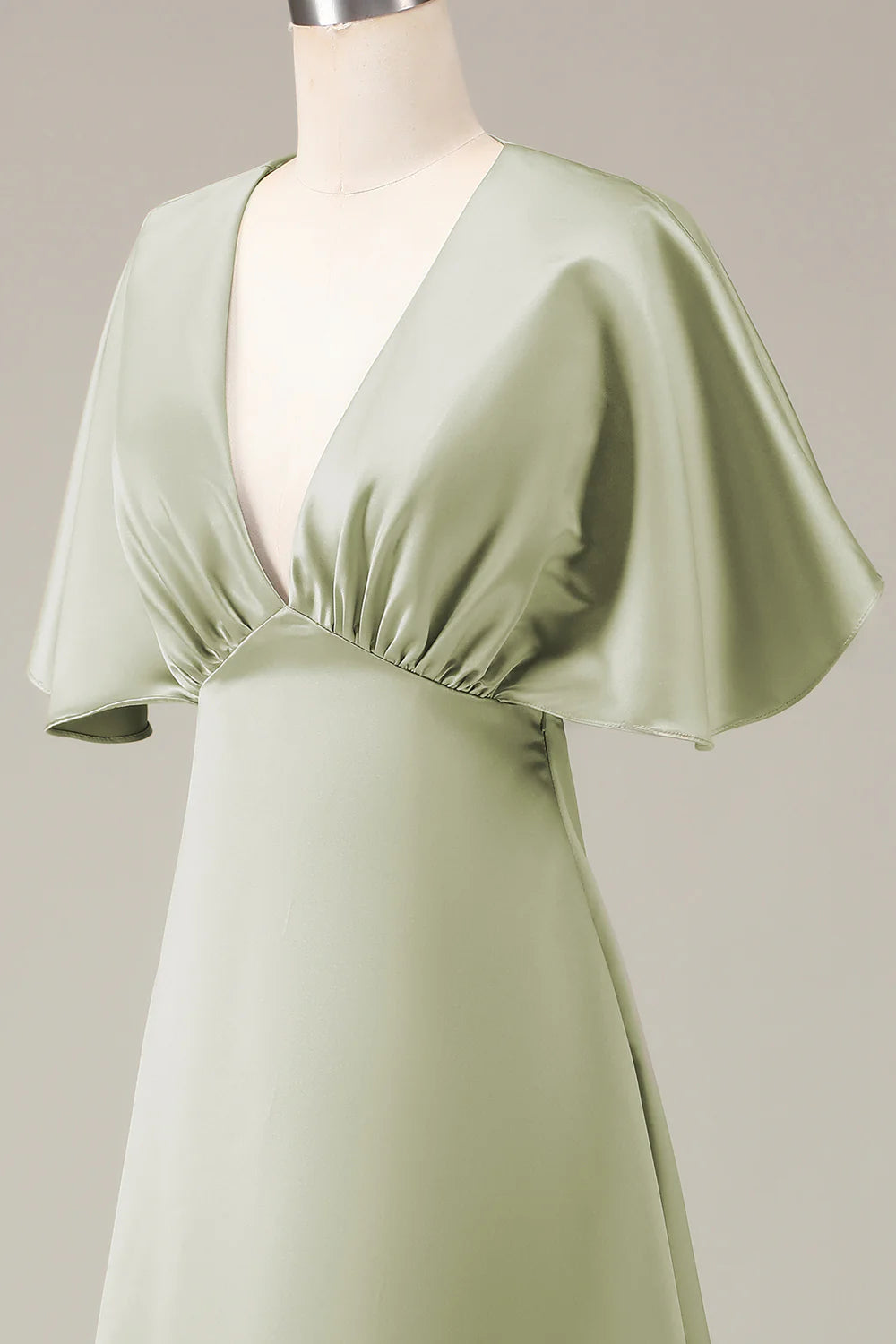 Amzcw Dusty Sage V-neck Short Sleeves A-line Satin Bridesmaid Dress