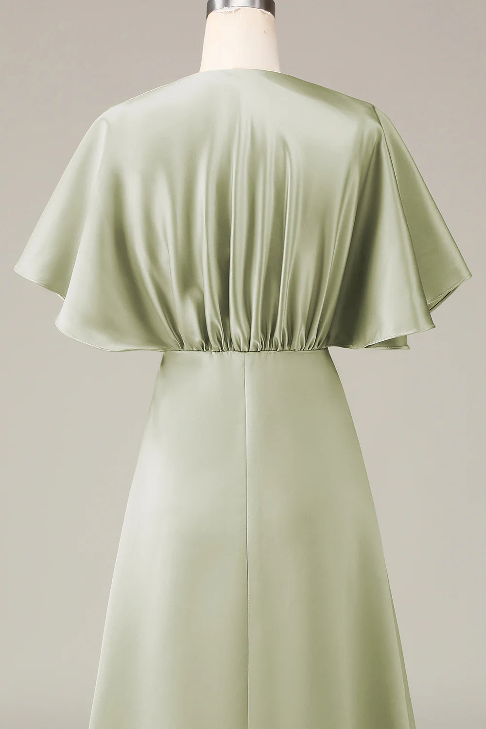 Amzcw Dusty Sage V-neck Short Sleeves A-line Satin Bridesmaid Dress