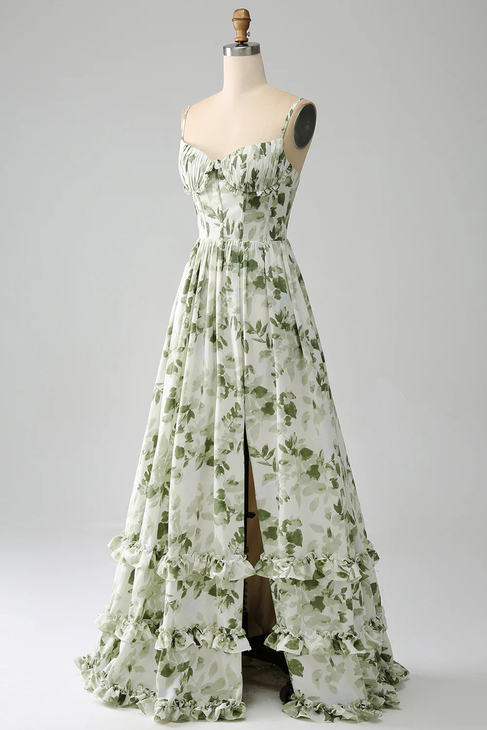 Amzcw Green A-Line Spaghetti Straps Printed Floor Length Dress With Slit