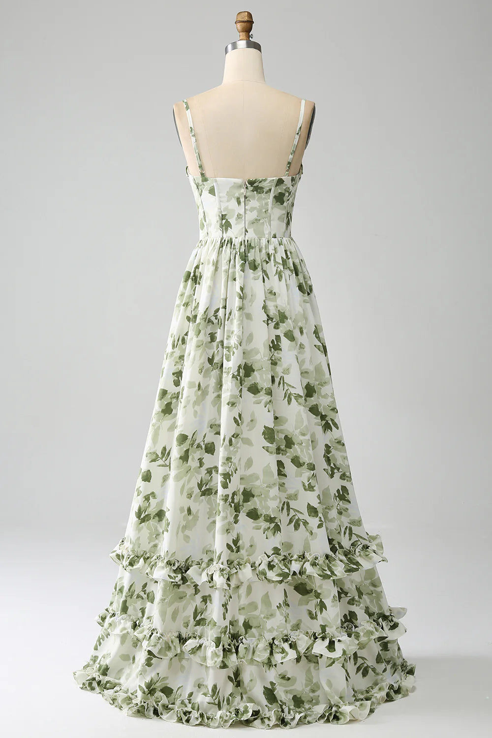 Amzcw Green A-Line Spaghetti Straps Printed Floor Length Dress With Slit