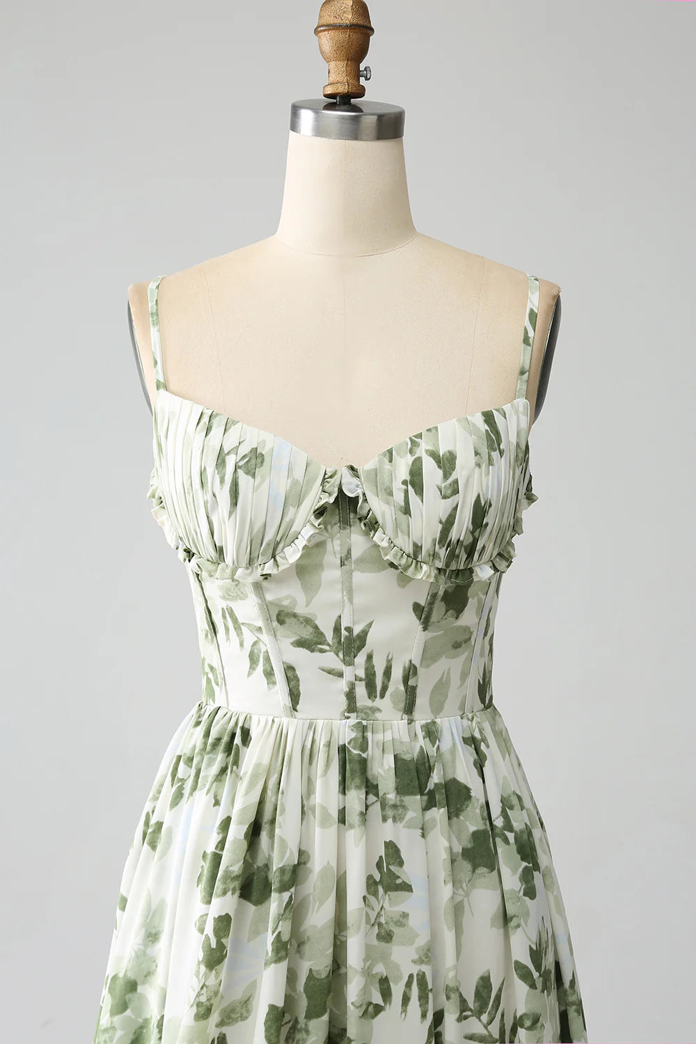 Amzcw Green A-Line Spaghetti Straps Printed Floor Length Dress With Slit