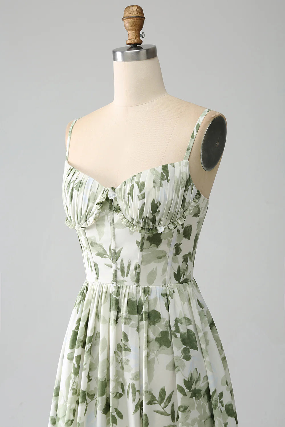 Amzcw Green A-Line Spaghetti Straps Printed Floor Length Dress With Slit