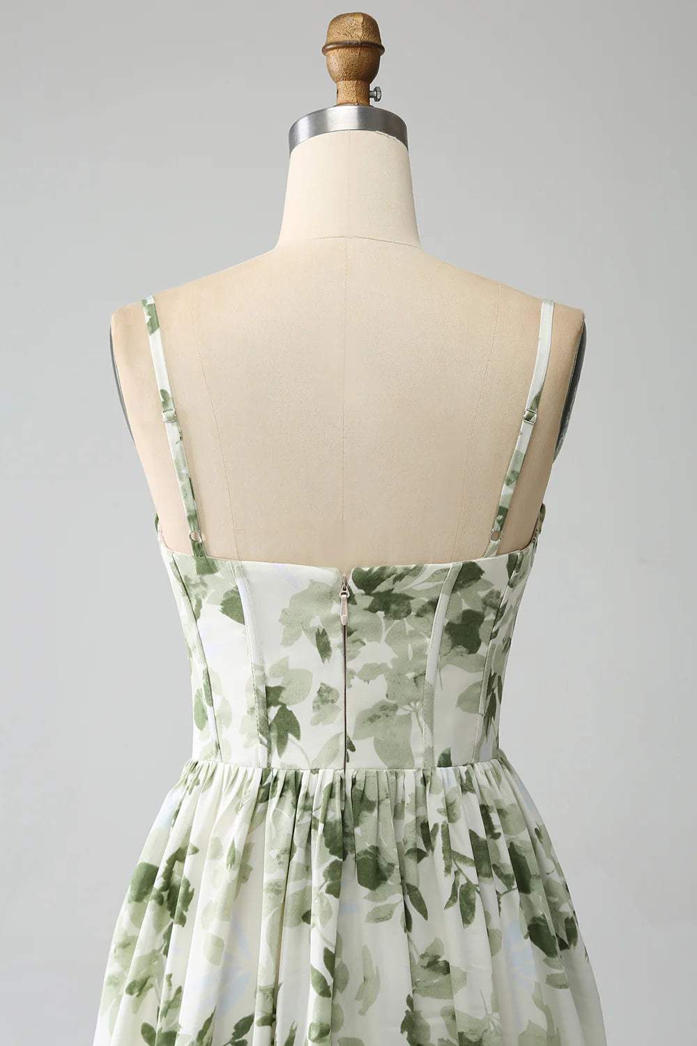 Amzcw Green A-Line Spaghetti Straps Printed Floor Length Dress With Slit