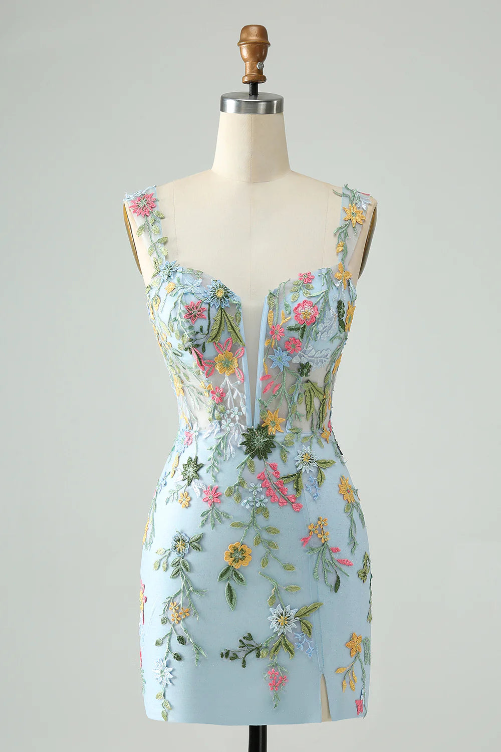 Amzcw Blue Flower Mermaid Off The Shoulder Corset Short Homecoming Dress with Embroidery