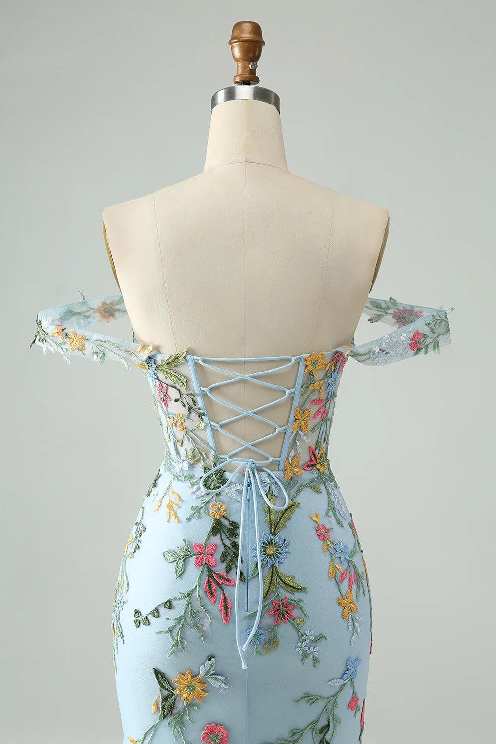 Amzcw Blue Flower Mermaid Off The Shoulder Corset Short Homecoming Dress with Embroidery