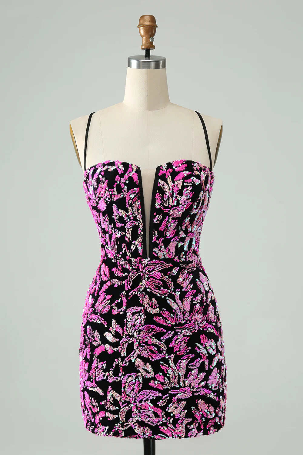 Amzcw Pretty Fuchsia Black Bodycon Sparkly Sequin Short Homecoming Dress