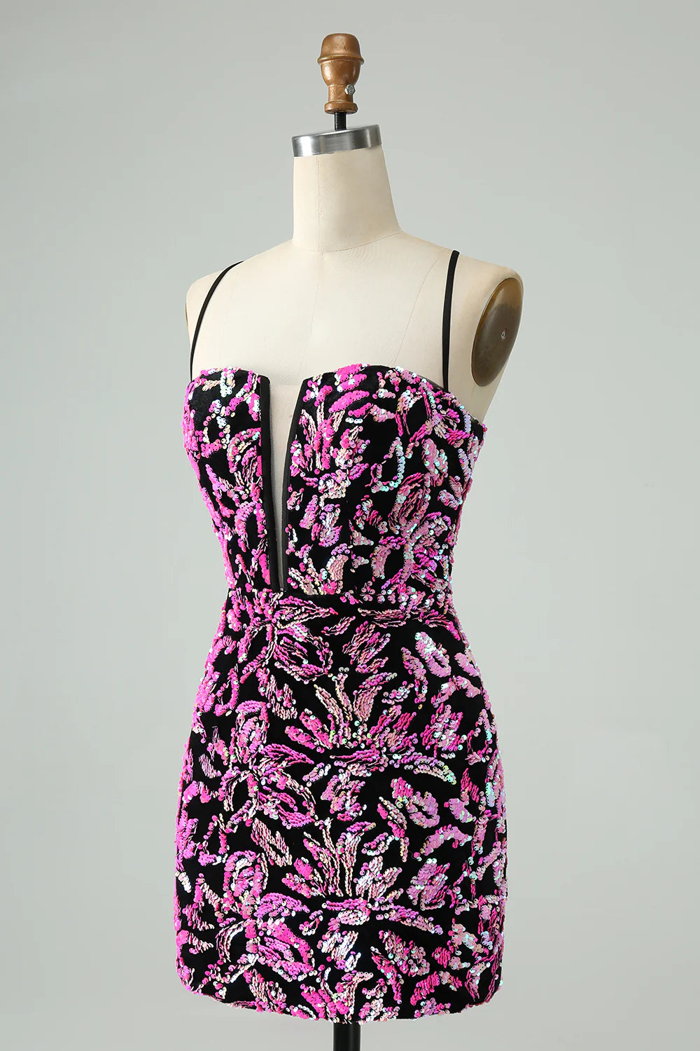 Amzcw Pretty Fuchsia Black Bodycon Sparkly Sequin Short Homecoming Dress