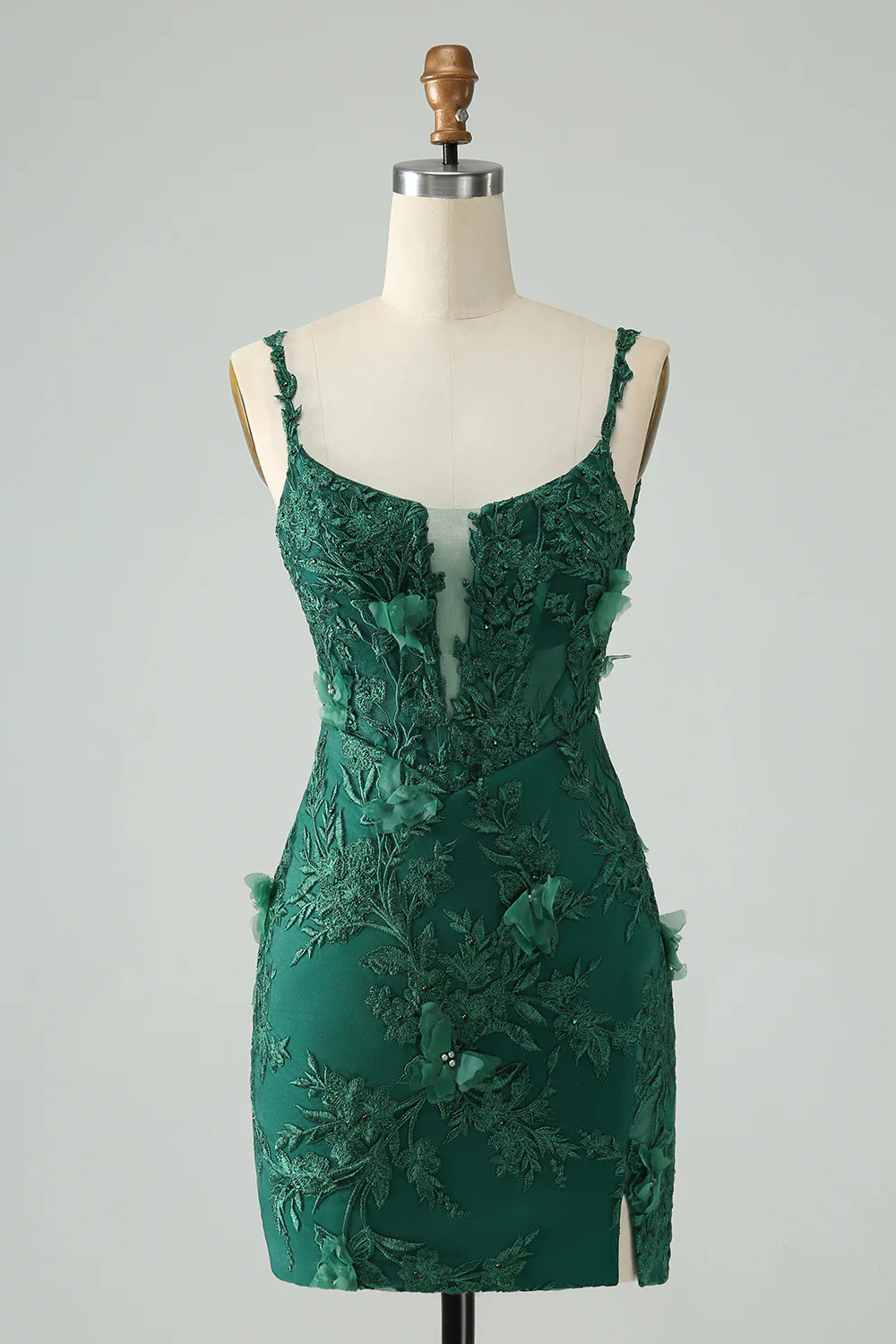 Amzcw Pretty Green Bodycon Spaghetti Straps Appliques Short Homecoming Dress with Slit