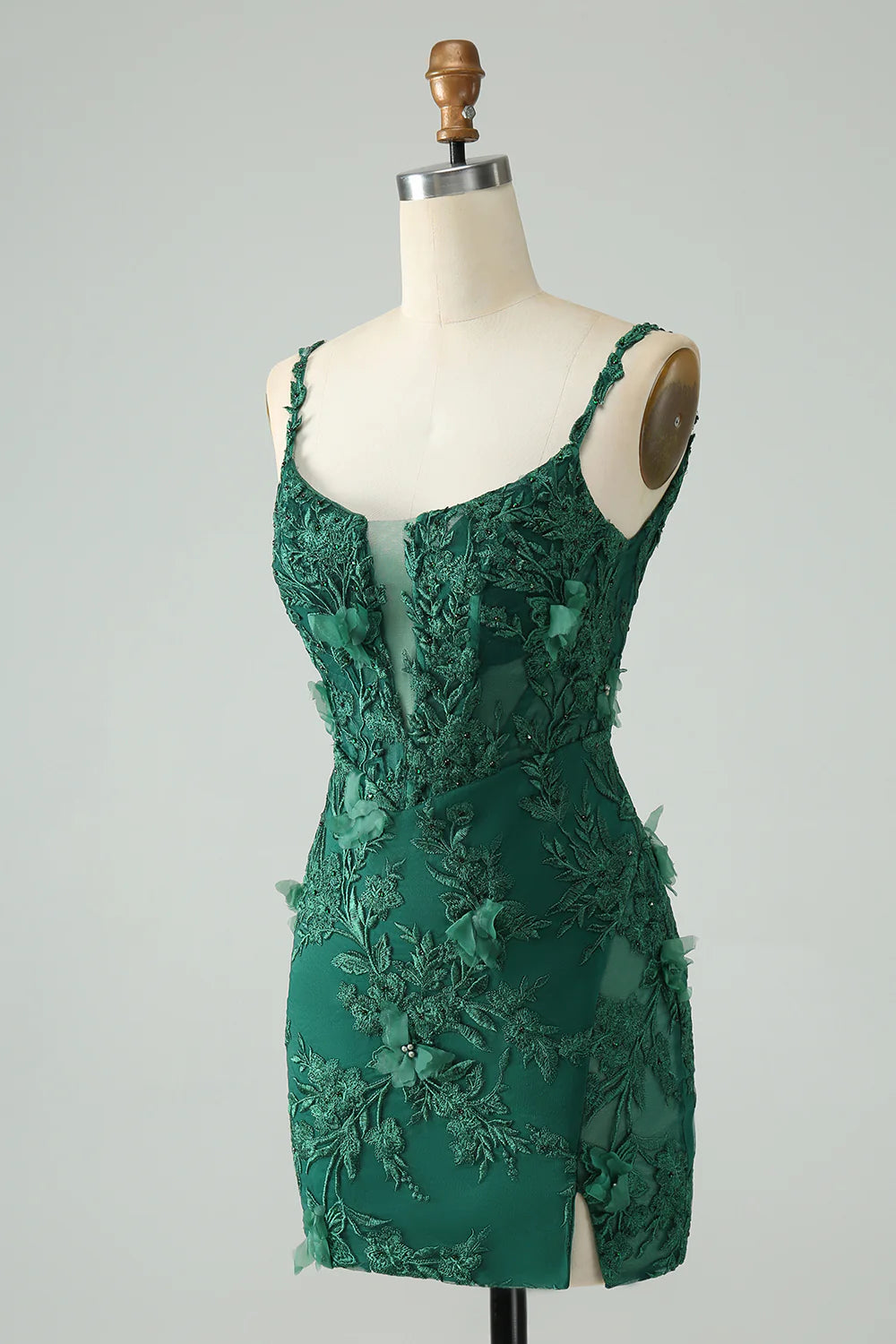 Amzcw Pretty Green Bodycon Spaghetti Straps Appliques Short Homecoming Dress with Slit