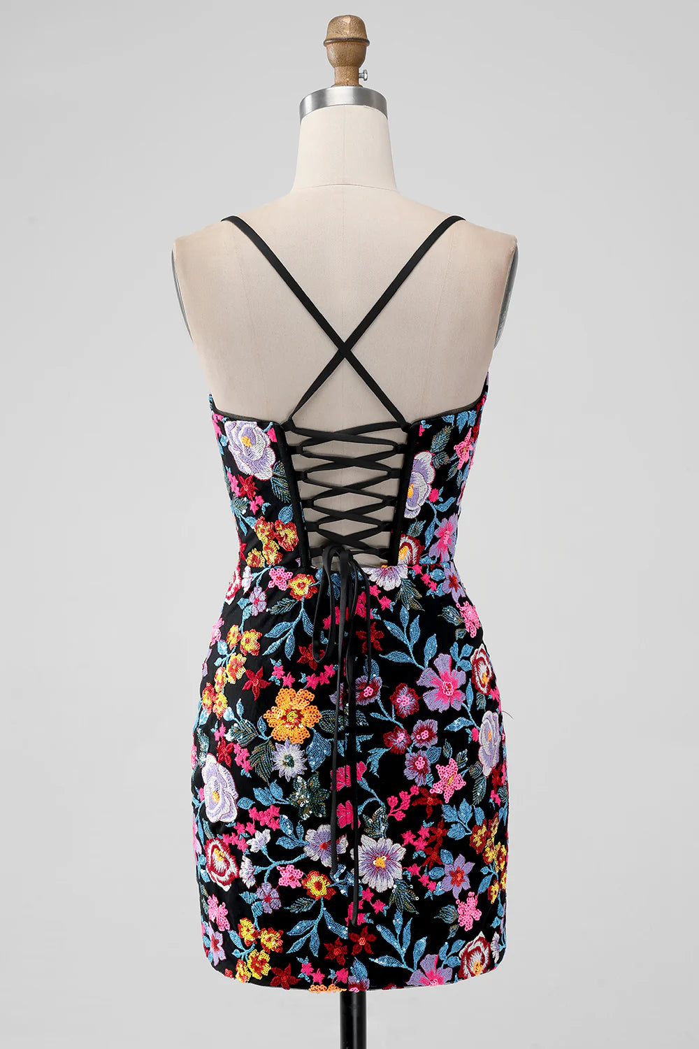 Amzcw Black Flower Mermaid Spaghetti Straps Embroidered Short Homecoming Dress