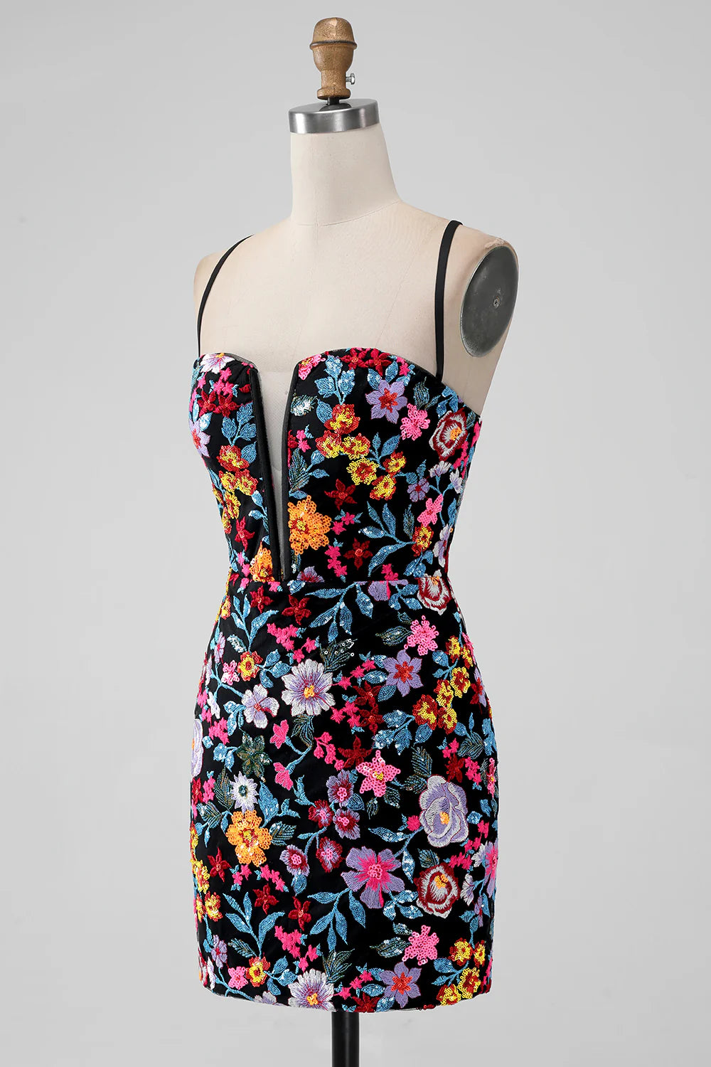 Amzcw Black Flower Mermaid Spaghetti Straps Embroidered Short Homecoming Dress
