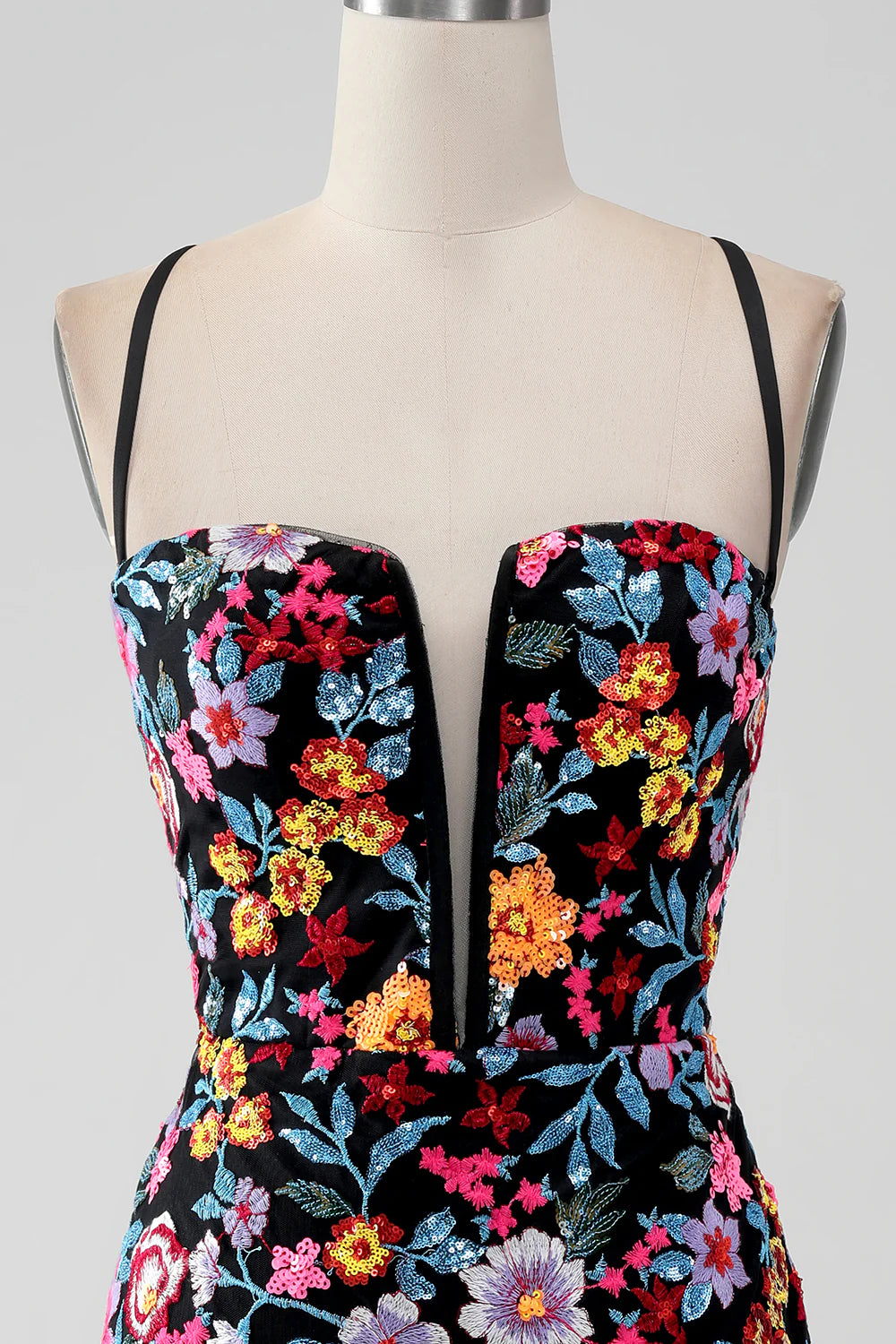 Amzcw Black Flower Mermaid Spaghetti Straps Embroidered Short Homecoming Dress