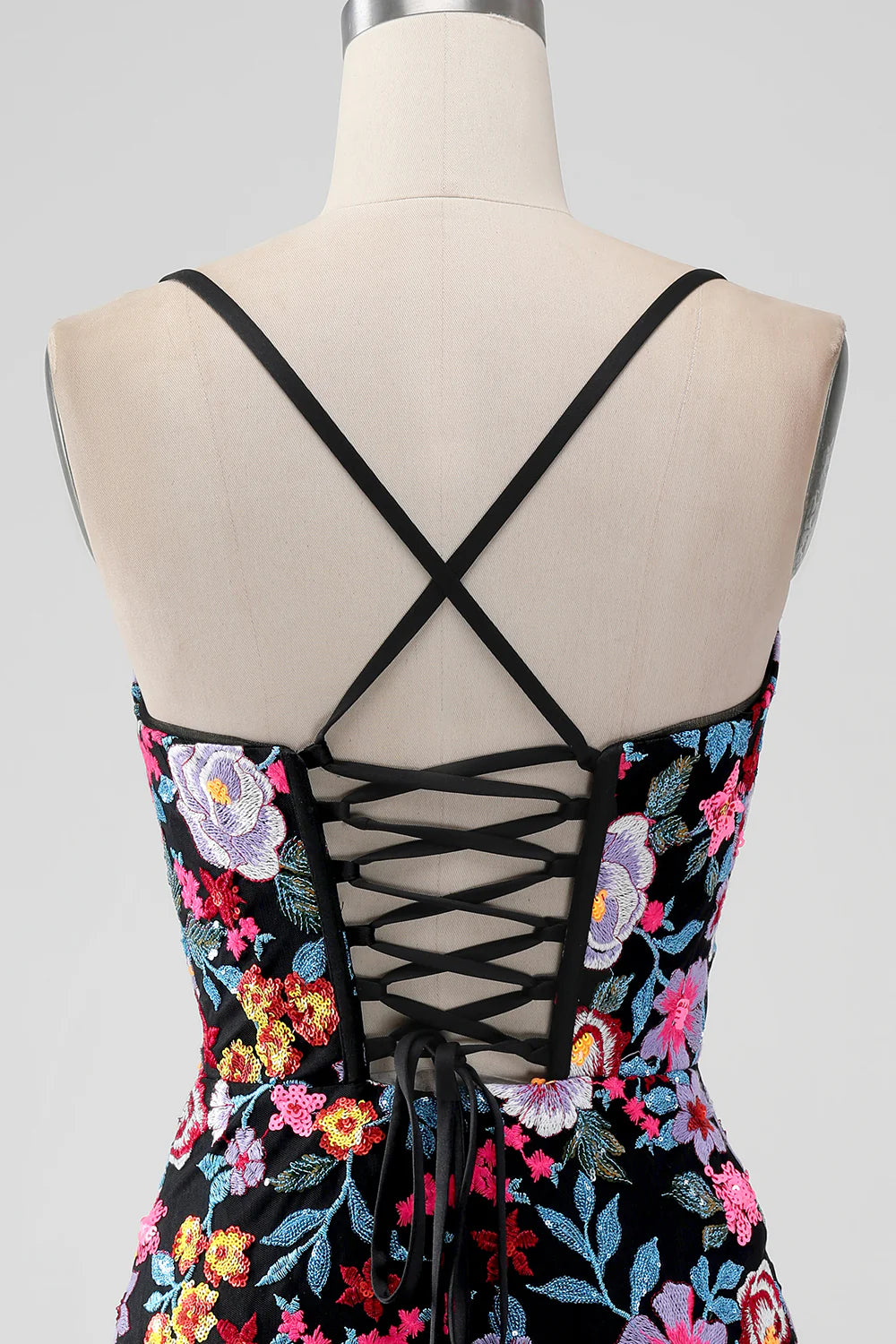 Amzcw Black Flower Mermaid Spaghetti Straps Embroidered Short Homecoming Dress