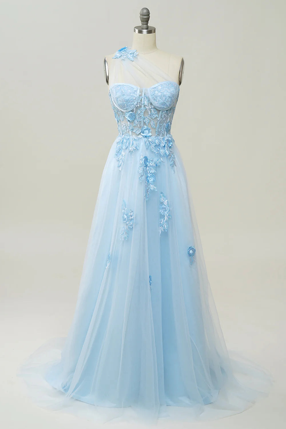 A Line One Shoulder Sky Blue Long Prom Dress with Appliques