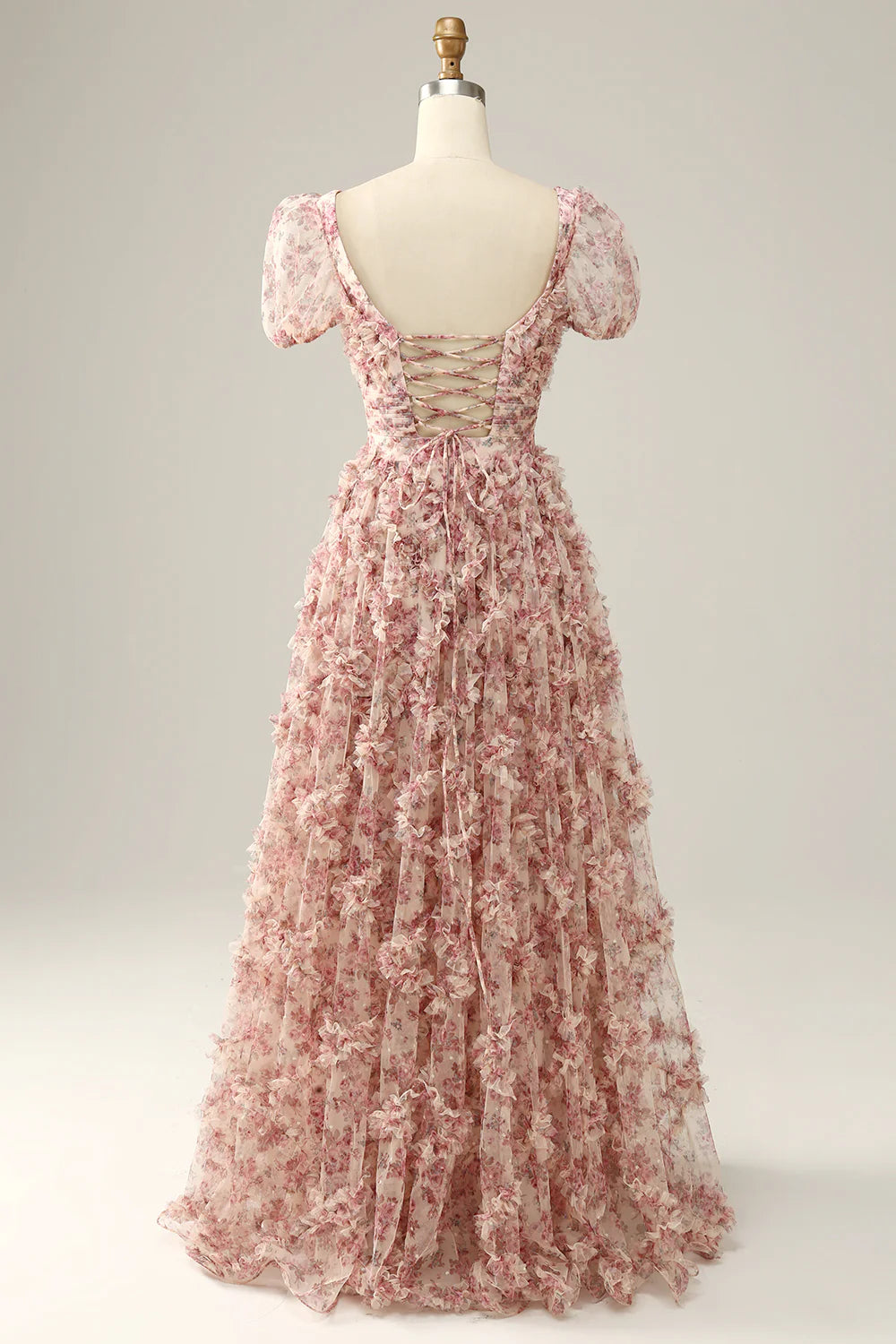 Ivory Red Flower Square Neck Prom Dress