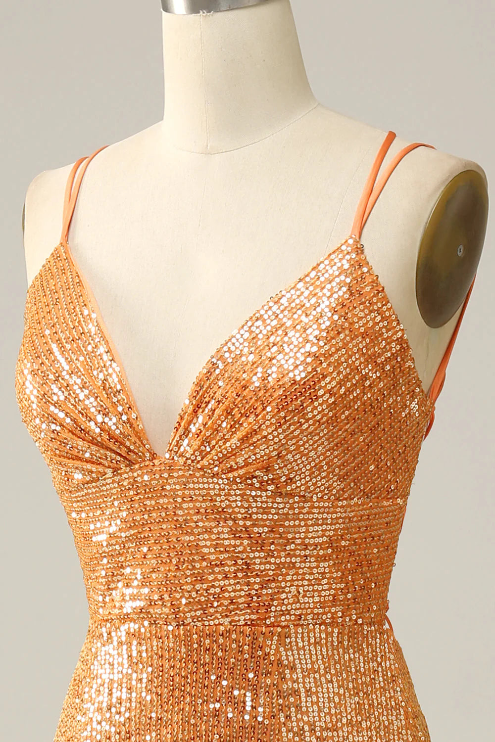 Amzcw Orange Mermaid Spaghetti Straps Sparkly Sequined V Neck Backless Prom Dress prom dresses with long sleeves