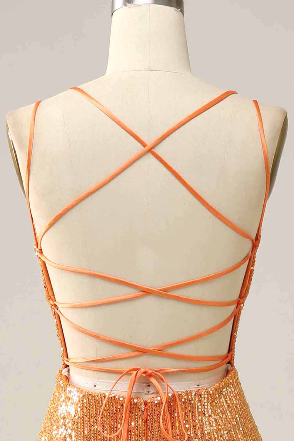 Amzcw Orange Mermaid Spaghetti Straps Sparkly Sequined V Neck Backless Prom Dress prom dresses with long sleeves