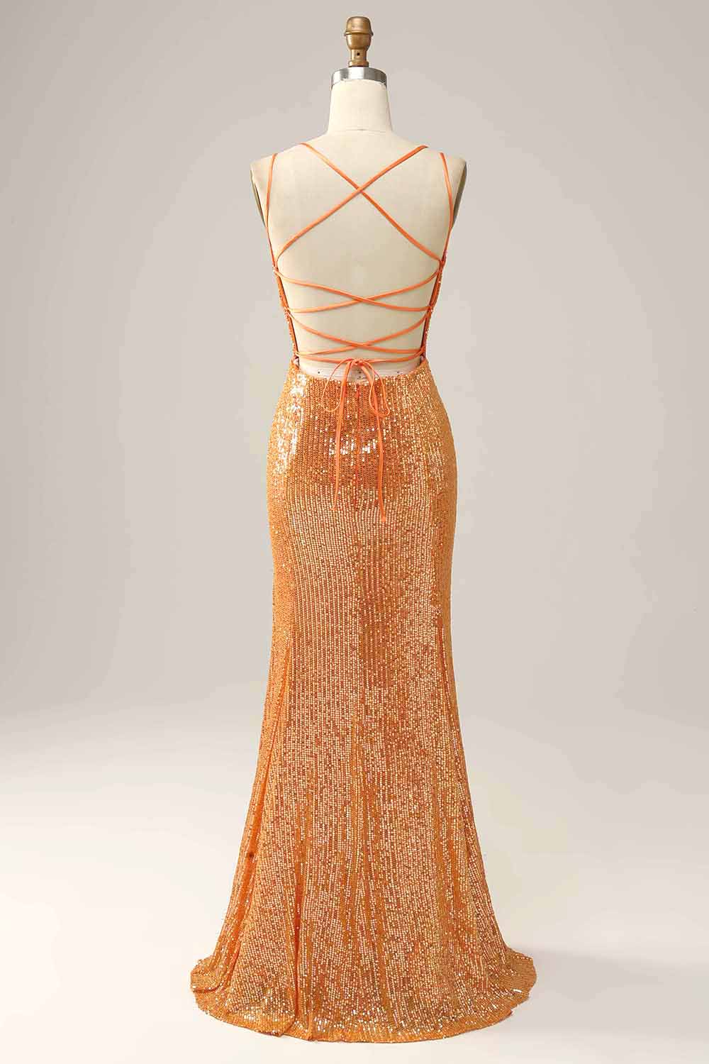 Amzcw Orange Mermaid Spaghetti Straps Sparkly Sequined V Neck Backless Prom Dress prom dresses with long sleeves