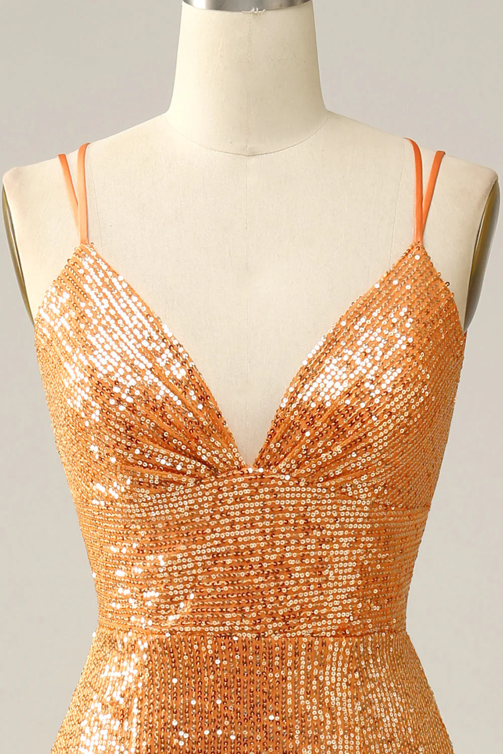 Amzcw Orange Mermaid Spaghetti Straps Sparkly Sequined V Neck Backless Prom Dress prom dresses with long sleeves