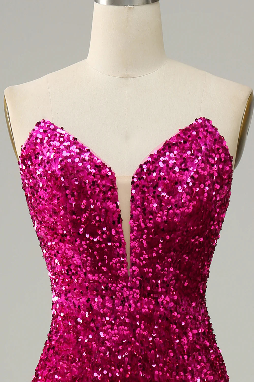 Hot Pink Strapless Sequin Prom Dress with Slit