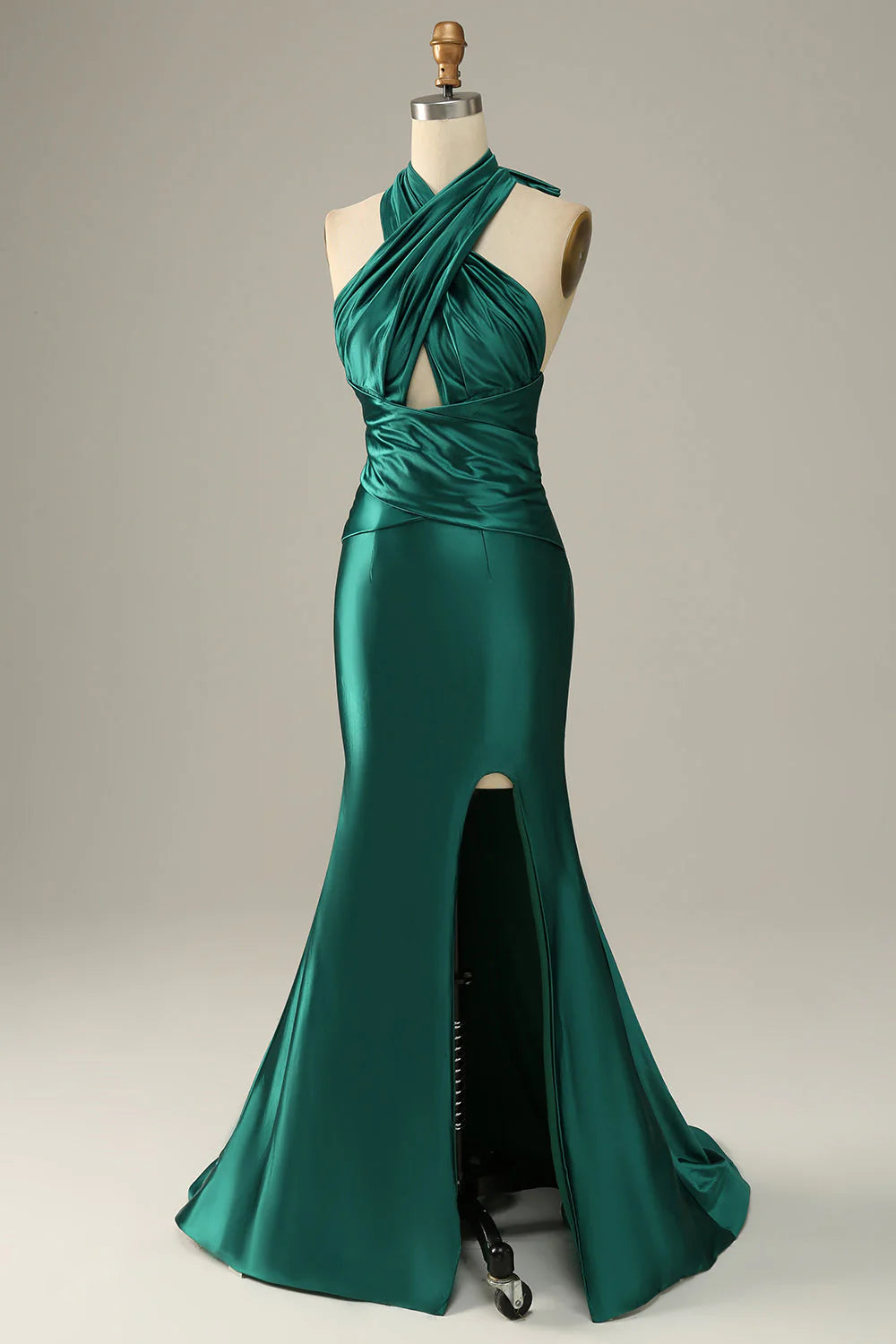 Amzcw Dark Green Halter Lace Up Mermaid Prom Dress With Slit prom dresses with long sleeves