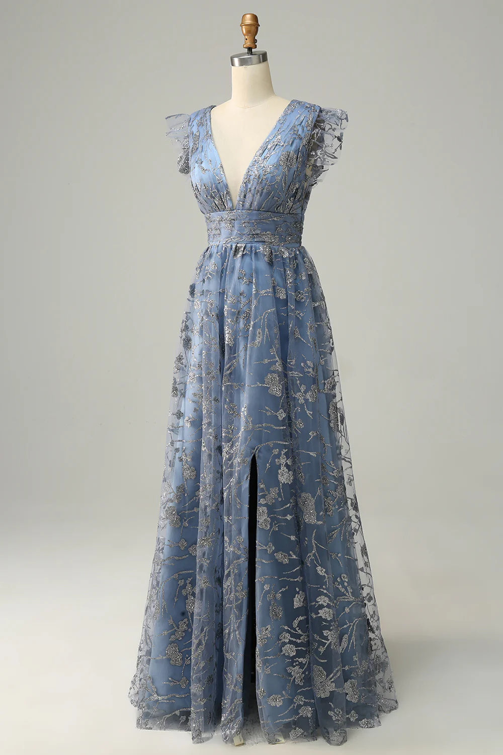 Amzcw A Line Deep V Neck Grey Blue Plus Size Prom Dress with Embroidery